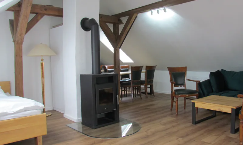 Wohnzimmer mit Kaminofen und Essplatz